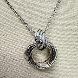Multi Ring Knot‎ Necklace Pendant Long Cable Chain Statement Silver Tone